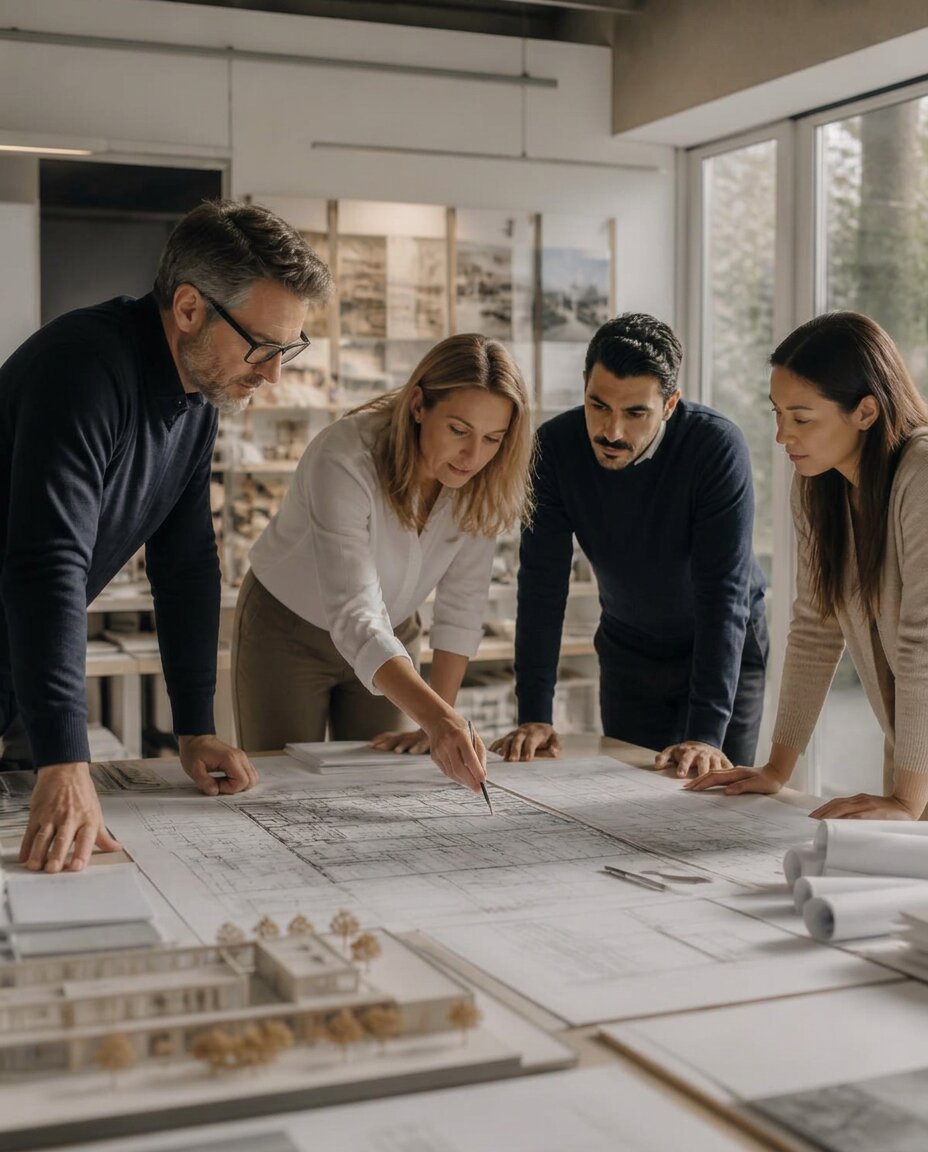 Senior project team reviewing architectural drawings and a scale model in a contemporary studio