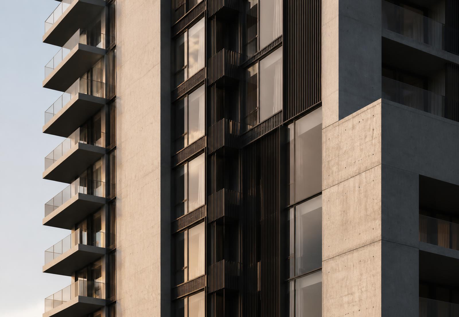Facade detail of a contemporary residential tower in warm evening light